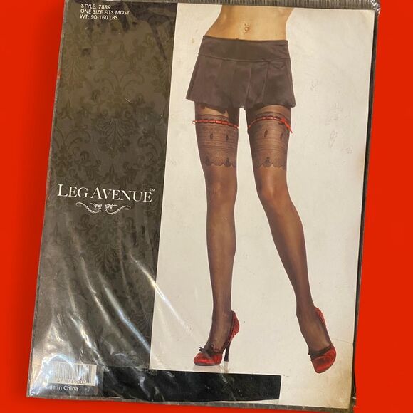 NWT - Leg Avenue Black Lace Thigh High w/ Red Ribbon - OS - Picture 1 of 2
